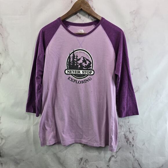 The North Face T Shirt Womens Large Purple Raglan Long Sleeve Never Stop - Picture 1 of 11